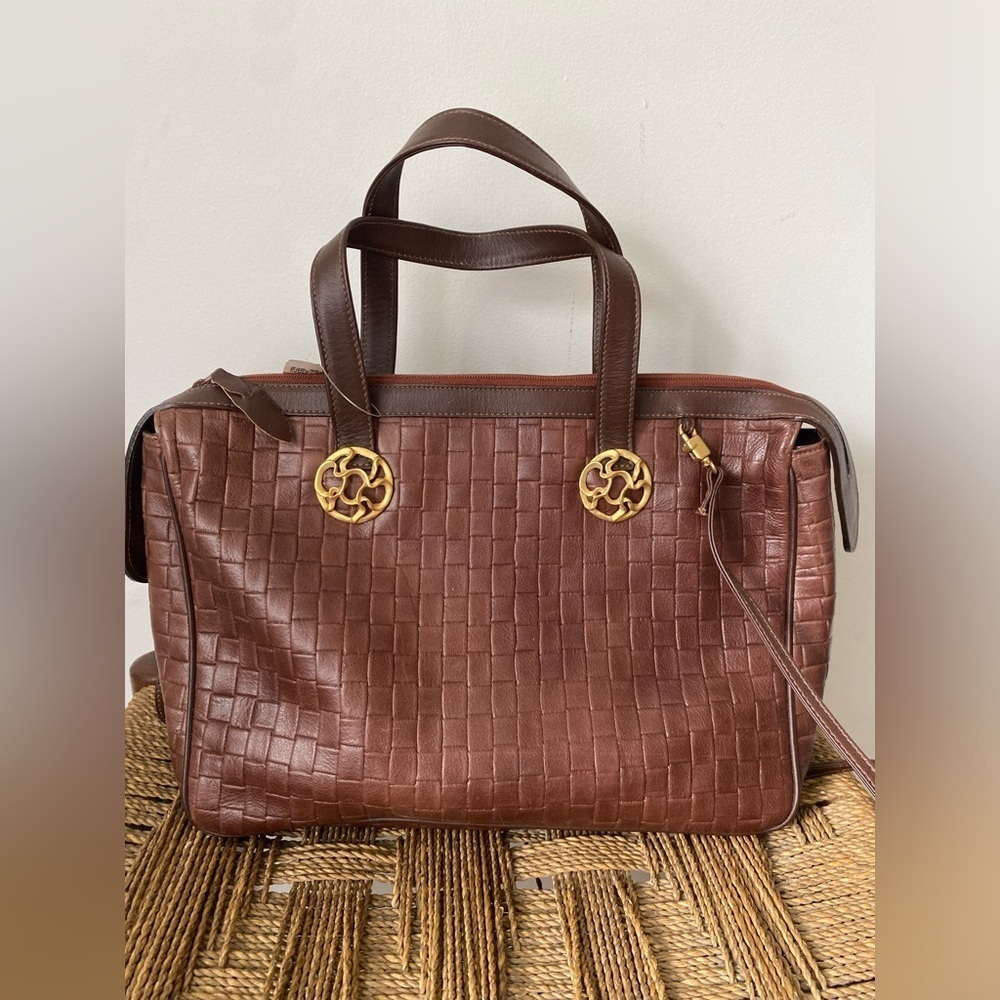 Susan Gail Brown Woven Leather Tote with Gold Accents